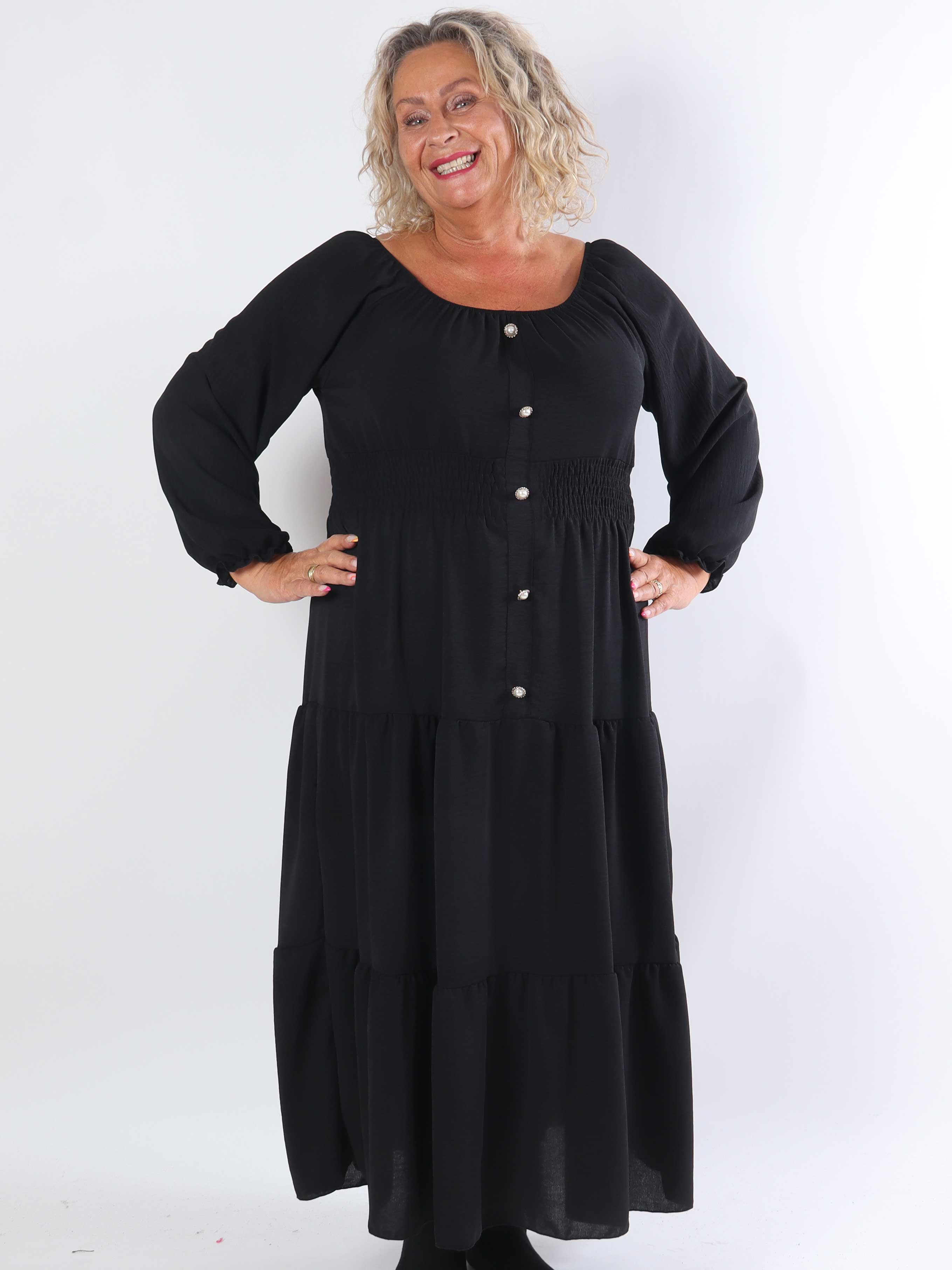 Midnight - Plus size kjole med smock i taljen og guld knapper